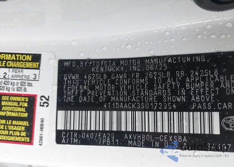 2025 Toyota Camry Se from USA, damaged, VIN 4T1DAACK3SU172354